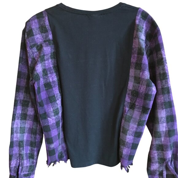 Upcycled Aloha Shirt, Size S-M: Purple Plaid & Hawaii Graphic Long-Sleeved Tee - Picture 2 of 10